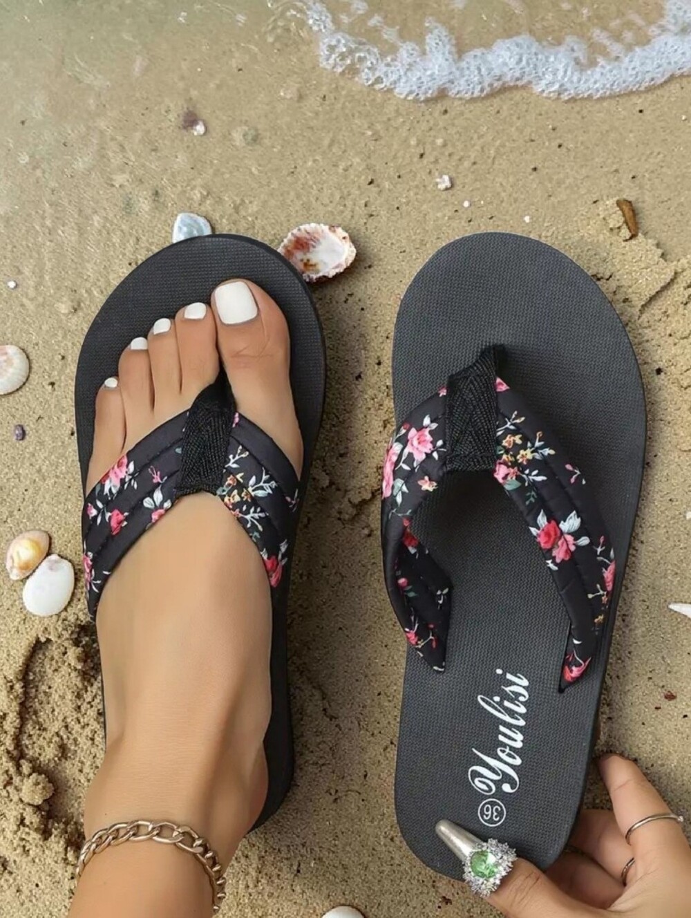 $Black Floral Strap Women's Flip Flop Sandals